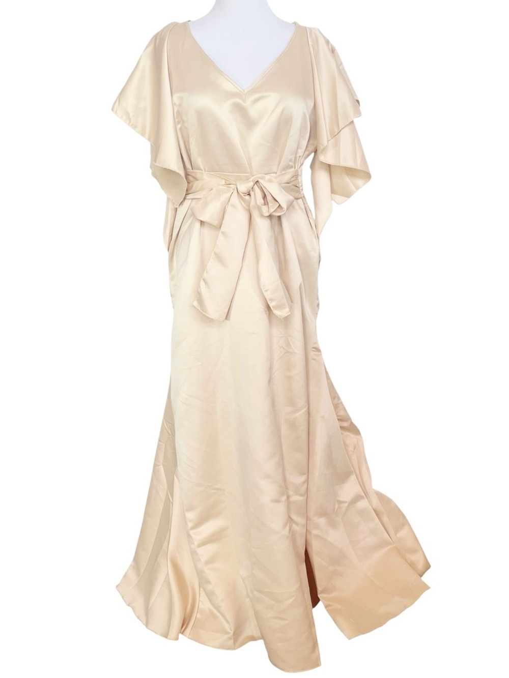 Xpluswear Elegant Champagne Satin Wrap Gown with Bow